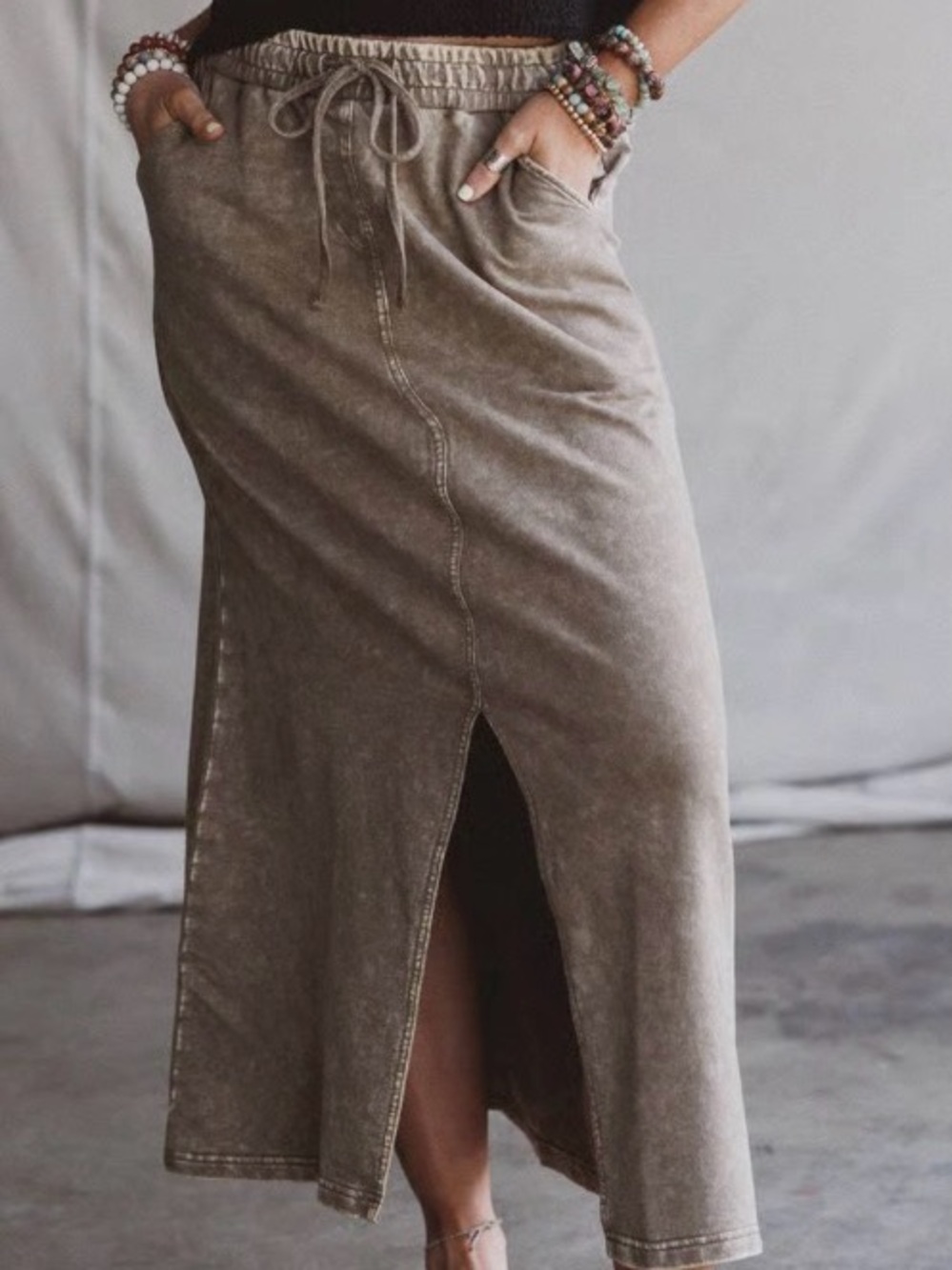 NWT Easel Mineral Washed Terry Knit Split Front Maxi Skirt Brown Size Med Boho